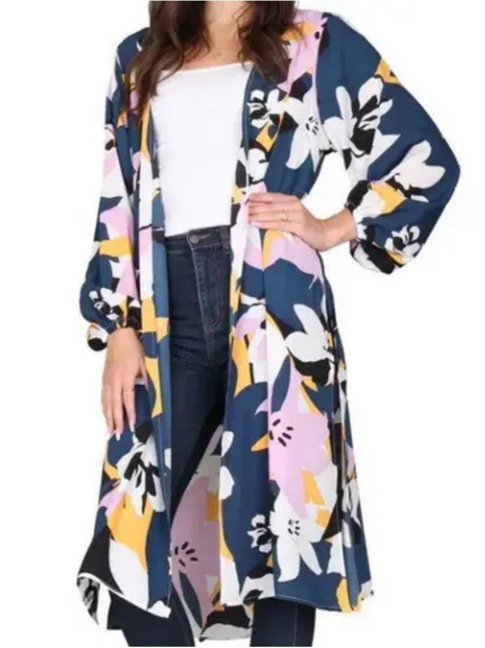 Floral Print Longline Open Cardigan - Navy Multi